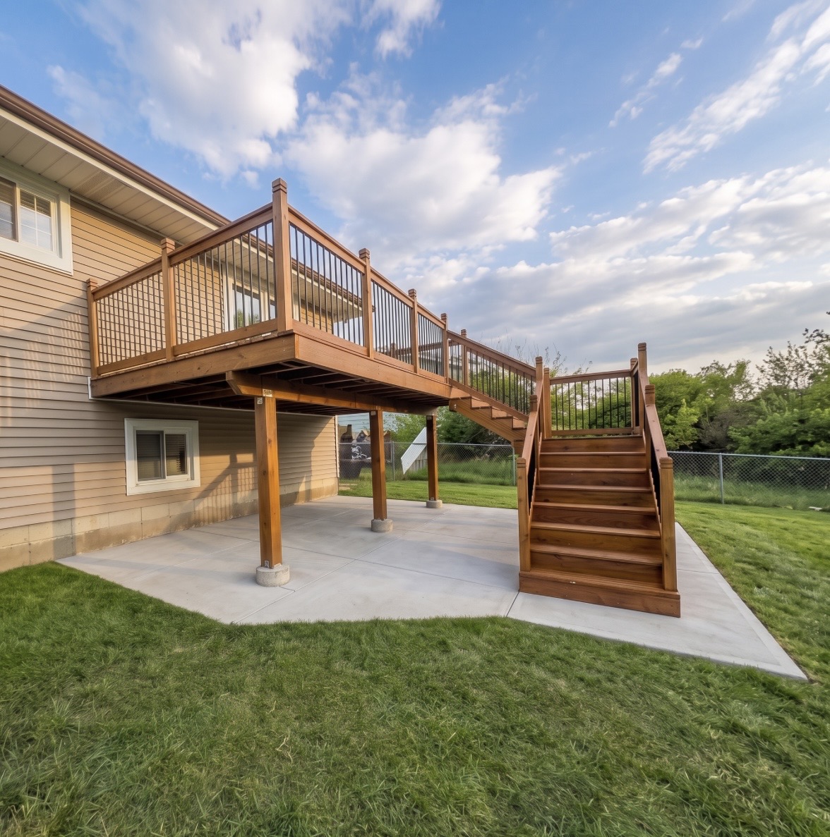 Custom raised wood deck with stairs over a concrete patio